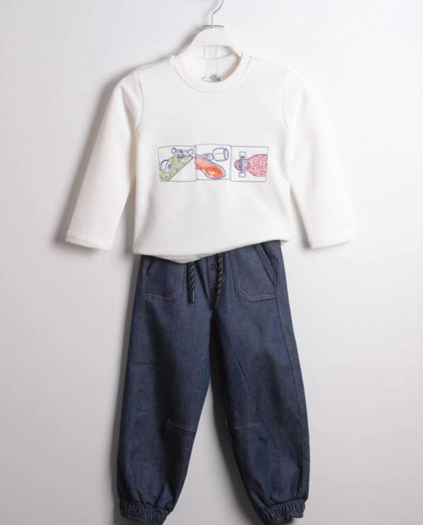 Beyaz Baskılı Sweat & Lacivert Denim Pantolon Çocuk Takımı - Image 1