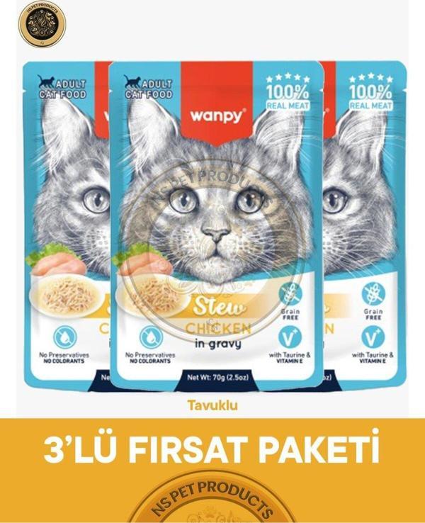 Wanpy Pouch Tavuklu Yaş Kedi Maması 3Lü Fırsat 3X70Gr - Image 1