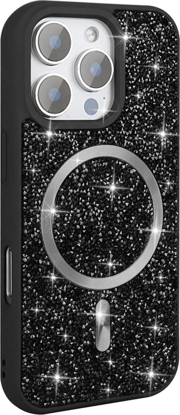 Zore İphone 16 Pro Max Kılıf Pırlanta Tasarımlı Magsafe Şarj Özellikli Mozaik Silikon Kapak - Siyah - Image 1
