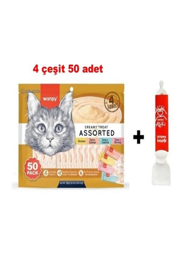 Wanpy Karışık 4 Lezzetli Krema Kedi Ödülü 50*14 Gr. + Krema Kaşığı - Image 1
