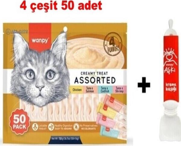Wanpy Karışık 4 Lezzetli Krema Kedi Ödülü 50*14 Gr. + Krema Kaşığı - Image 1
