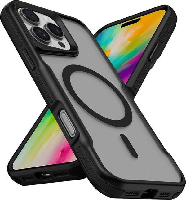 Zore İphone 16 Pro Max Uyumlu Magsafe Şarj Özellikli Renkli Kenar Airbag Şeritli Lamer Kapak-Siyah - Image 1