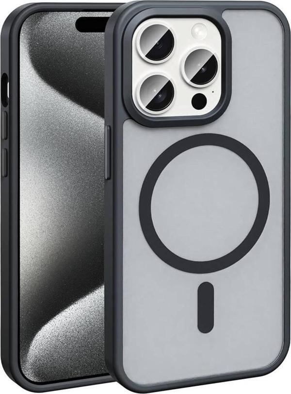 Kılıftech İphone 15 Pro Max Kılıf Magsafe Şarj Özellikli Mat Arka Yüzey Zore Sio Kapak-Siyah - Image 1