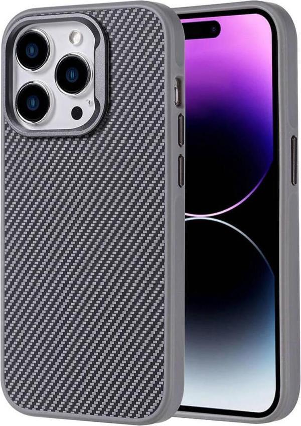 Kılıftech İphone 14 Pro Max Kılıf Magsafe Şarj Özellikli Karbon Fiber Görünümlü Zore Troy Kapak-Gümüş - Image 1