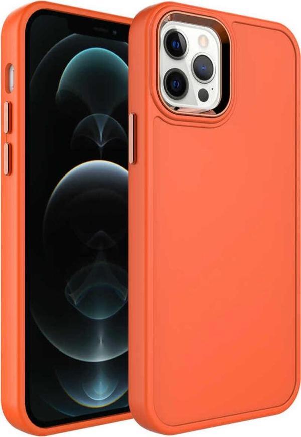 Zore İphone 12 Pro Max Uyumlu Metal Çerçeve Ve Buton Tasarımlı Sert Botox Kılıf-Turuncu - Image 1