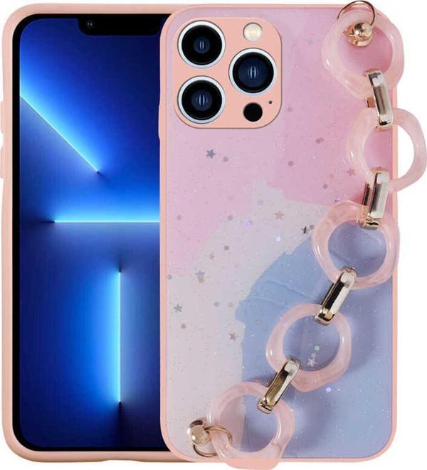 Zore İphone 12 Pro Max Uyumlu Simli Desenli El Askılı Tutacaklı Elsa Silikon Kılıf-Pembe - Image 1