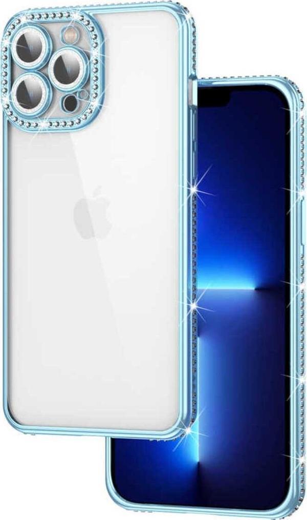 Ardemix İphone 13 Pro Uyumlu Kamera Korumalı Taşlı Zore Mina Kılıf-Mavi - Image 1