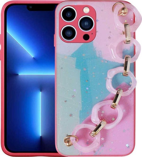 Kılıftech İphone 12 Pro Max Uyumlu Simli Desenli El Askılı Tutacaklı Zore Elsa Silikon Kılıf-Pembe Koyu - Image 1