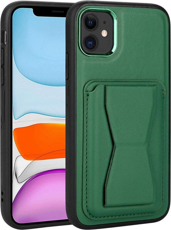 Zeyline İphone 12 Uyumlu Kartlıklı Standlı Pu Deri Zyl Memo Kılıf-Koyu Yeşil - Image 1