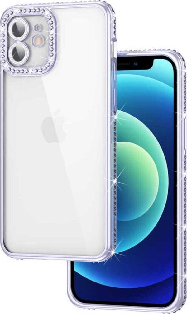 Atlas İphone 12 Uyumlu Kamera Korumalı Taşlı Zore Mina Kılıf-Lila - Image 1
