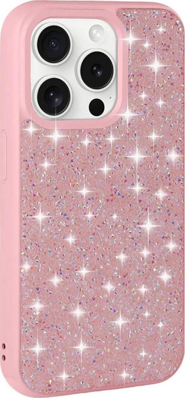 Safa İphone 15 Pro Uyumlu Parlak Taşlı Tasarım Pırlanta Zore Kılıf-Pembe - Image 1