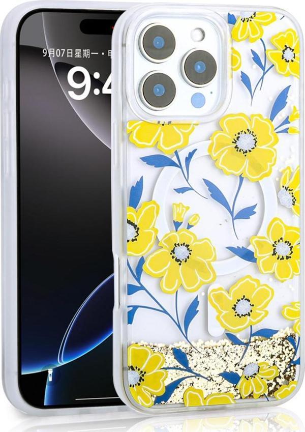 Haktan Kılıf İphone 12 Pro Kılıf Sıvılı Simli Baskılı Şeffaf Arka Yüzey Zore Mossa Silikon Kapak - Sarı - Image 1