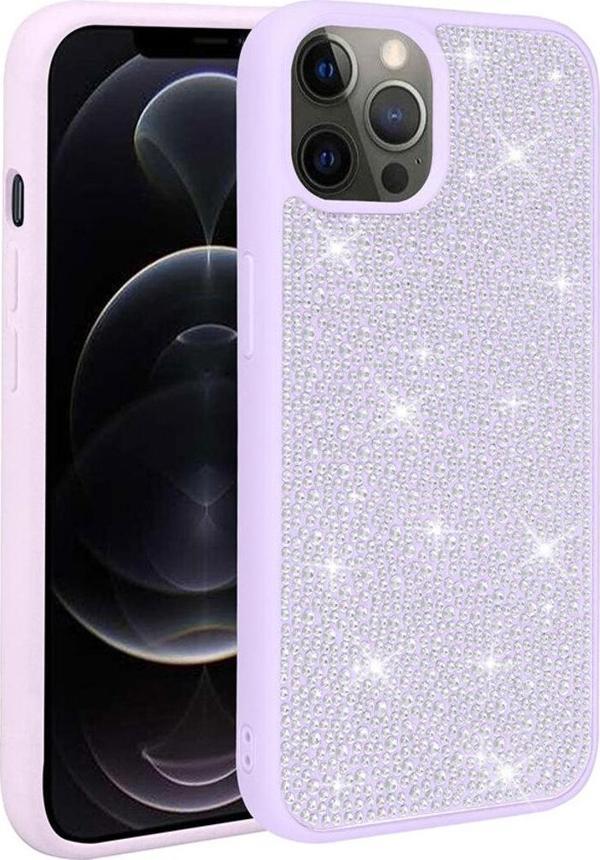 Riseofglc İphone 13 Pro Uyumlu Parlak Taşlı Tasarım Zore Ston Kılıf-Lila - Image 1