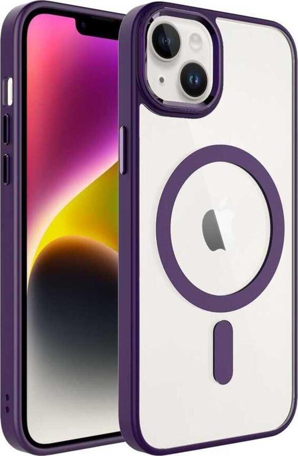 Noir318 İphone 14 Uyumlu Wireless Şarj Özellikli Zore Krom Magsafe Silikon Kılıf-Derin Mor - Image 1