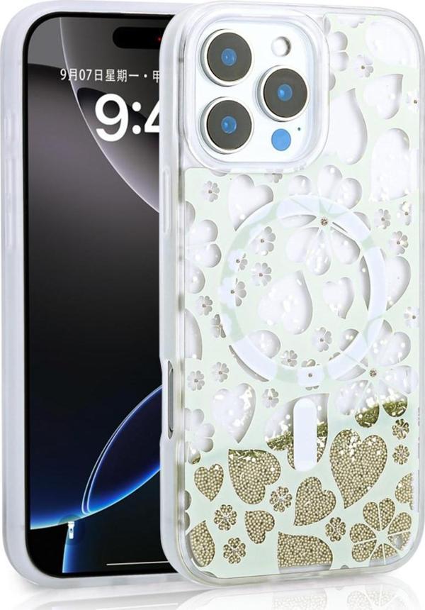 Noir318 İphone 15 Pro Max Kılıf Sıvılı Simli Baskılı Şeffaf Arka Yüzey Zore Mossa Silikon Kapak - Gold - Image 1