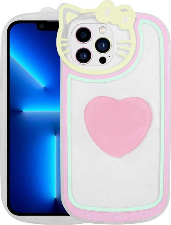 Szr Store İphone 13 Pro Max Uyumlu Kedi Figürlü Transparan Pop Soketli Zore Ritmik Kılıf-Pembe - Image 1