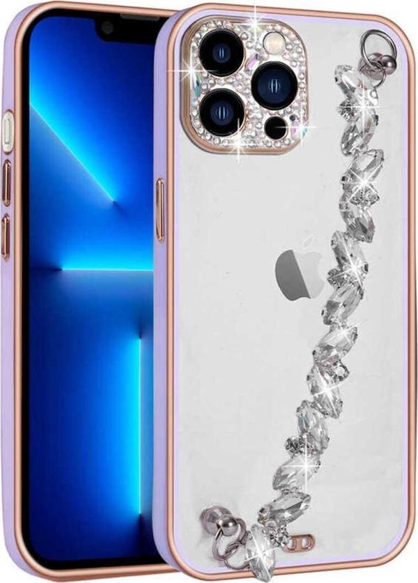 Avid Diva İphone 13 Pro Max Uyumlu Taş Süslemeli Kamera Korumalı El Tutamaçlı Zore Blazer Kılıf-Lila - Image 1