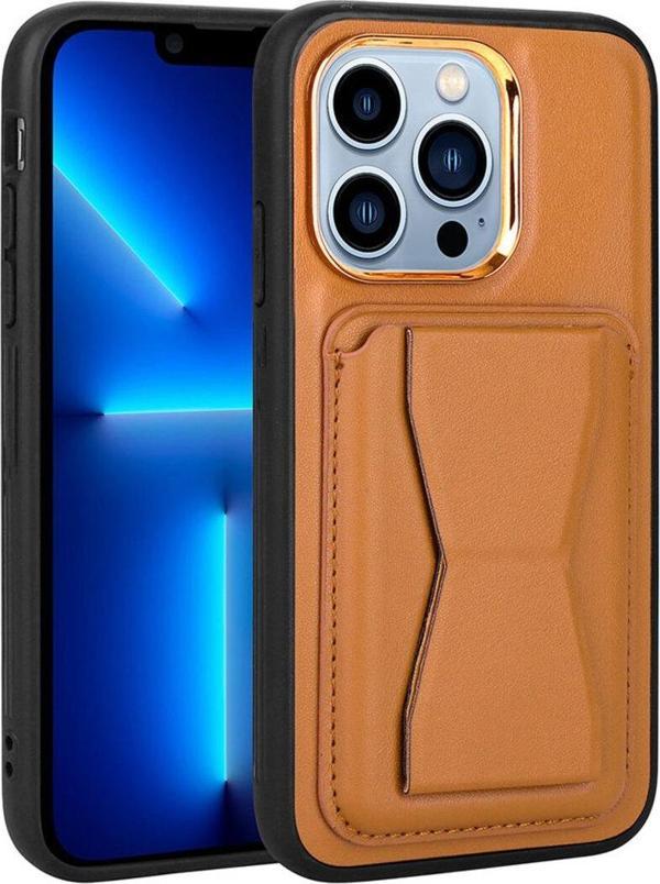 Nüanstek İphone 13 Pro Uyumlu Kartlıklı Standlı Pu Deri Zore Memo Kılıf-Kahve Açık - Image 1