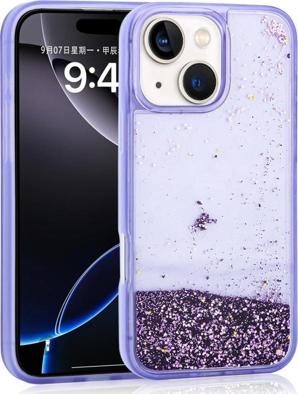 Kılıftech İphone 14 Uyumlu Kılıf Sıvılı Simli Şeffaf Arka Yüzey Zore Keto Silikon Kapak-Mor - Image 1