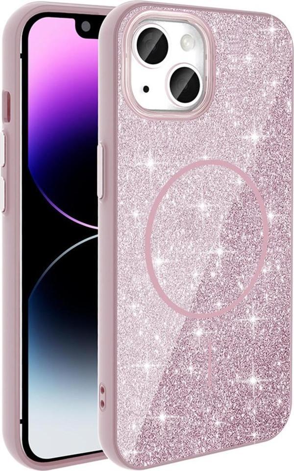 Riseofglc İphone 11 Kılıf Magsafe Şarj Özellikli Parlayan Simli Zore Okso Kapak - Pembe - Image 1