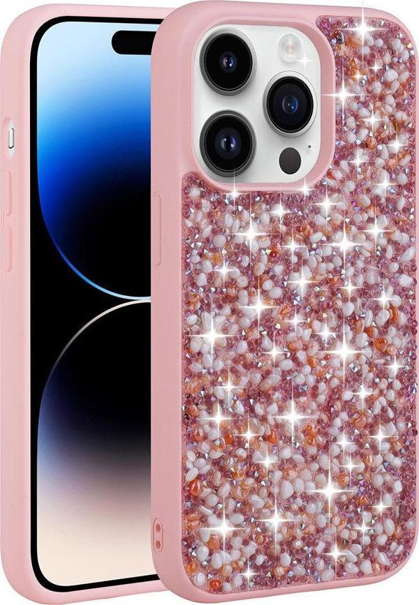 Göktuğ Aksesuar İphone 14 Pro Uyumlu Parlak Taşlı Tasarım Zore Linea Kılıf-Pembe - Image 1