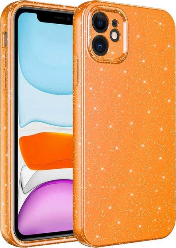 Safa İphone 11 Uyumlu Kamera Korumalı Simli Lüks Zore Koton Kılıf-Turuncu - Image 1