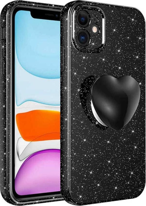 Safa İphone 11 Uyumlu Kamera Korumalı Simli Pop Soketli Lüks Zore Koton Soketli Kılıf-Siyah - Image 1