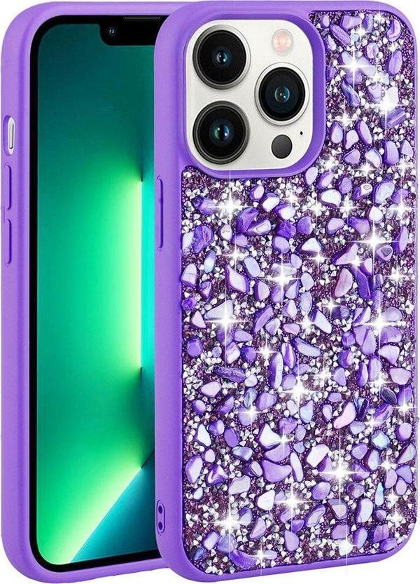 Safa İphone 13 Pro Uyumlu Parlak Taşlı Tasarım Zore Linea Kılıf-Mor - Image 1