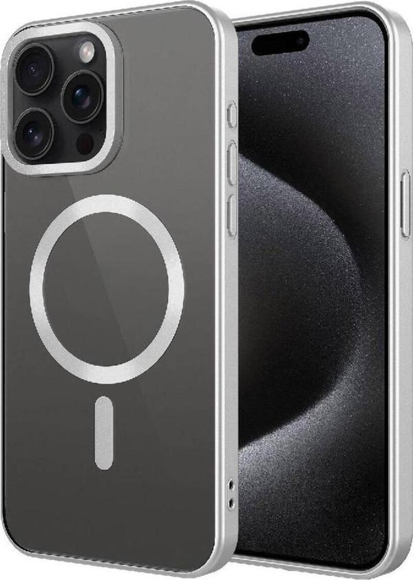 Base Dijital İphone 15 Pro Uyumlu Mat Tasarımlı Magsafe Wireless Şarj Özellikli Zore Mat Setro Kılıf-Gümüş - Image 1