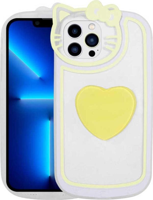 Wenixs İphone 13 Pro Max Uyumlu Kedi Figürlü Transparan Pop Soketli Zore Ritmik Kılıf-Sarı - Image 1