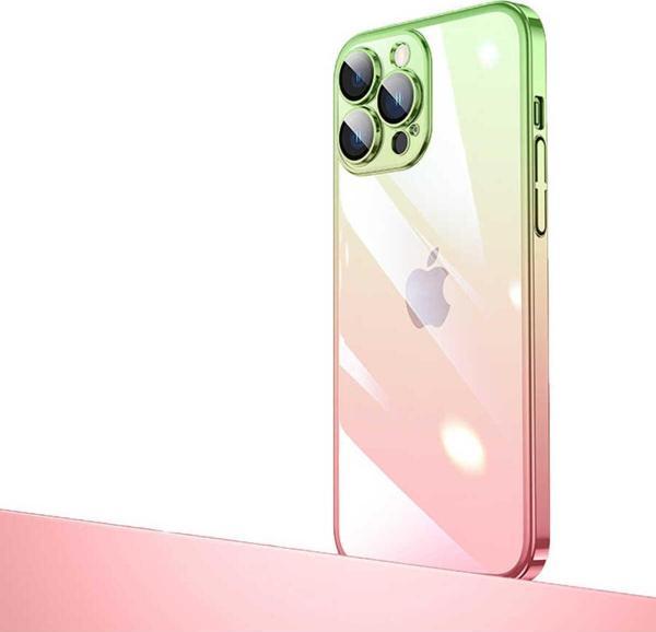 Wenixs İphone 13 Pro Max Uyumlu Parlak Renk Geçişli Kamera Korumalı Zore Senkron Kılıf-Pembe-Yeşil - Image 1