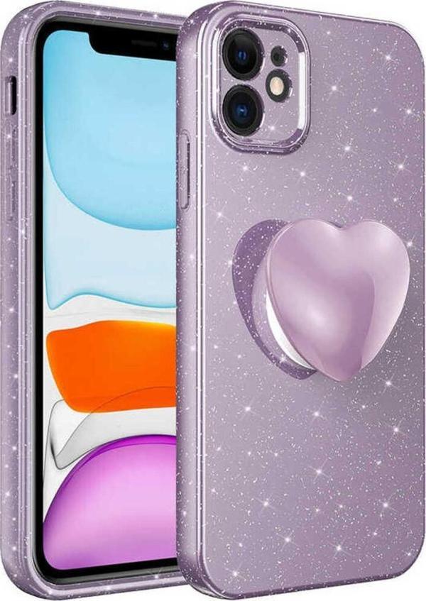 Zore İphone 11 Uyumlu Kamera Korumalı Simli Pop Soketli Lüks Koton Soketli Kılıf-Mor - Image 1