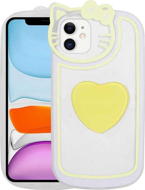 Zore İphone 11 Uyumlu Kedi Figürlü Transparan Pop Soketli Ritmik Kılıf-Sarı - Image 1