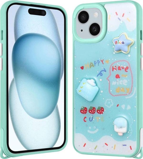 Safa İphone 14 Kılıf Parlayan Sıvılı Simli Kabartma Figürlü Zore Cevze Kapak-Yeşil - Image 1