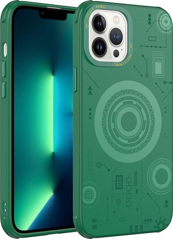 Kılıftech İphone 13 Pro Uyumlu Zore Wireless Şarj Özellikli Desenli Hot Kılıf-Koyu Yeşil - Image 1