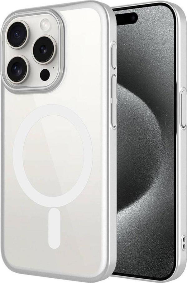 Wenixs İphone 15 Pro Uyumlu Wireless Şarj Özellikli Sert Pc Zore Mat Riksos Magsafe Kılıf-Gümüş - Image 1