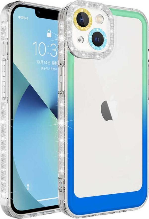 Kılıftech İphone 14 Plus Uyumlu Simli Ve Renk Geçiş Tasarımlı Lzore Korumalı Zore Park Kılıf-Yeşil-Mavi - Image 1