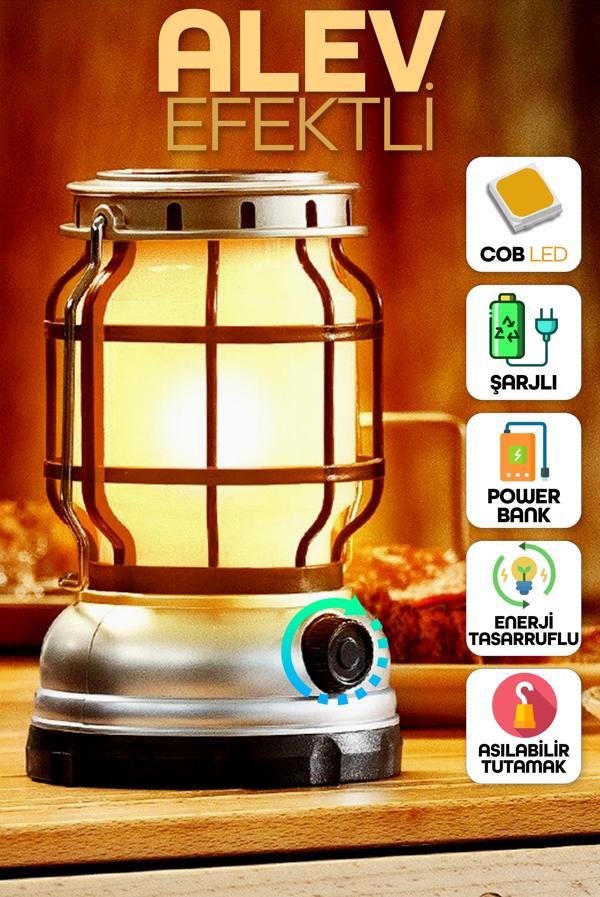 Şarjlı Solar Kamp Lambası - Alev Efektli Powerbank Özellikli Su Geçirmez LED Işıldak Gri 47721 - Image 1