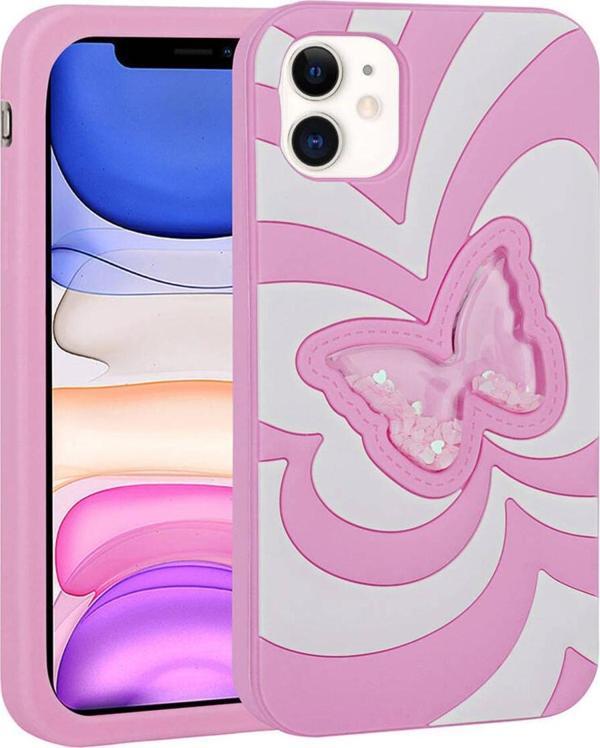 Zore İphone 11 Uyumlu Sıvılı Simli Kelebekli Tasarım Vodena Kılıf-Pembe - Image 1