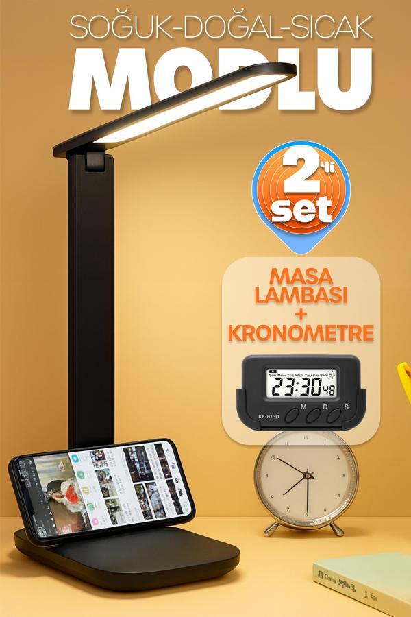 2li SET Şarjlı Masa Lambası + Kronometreli Öğrenci Saati MOD Ayarlı Ders Çalışma Okuma Lambası 7032S - Image 1