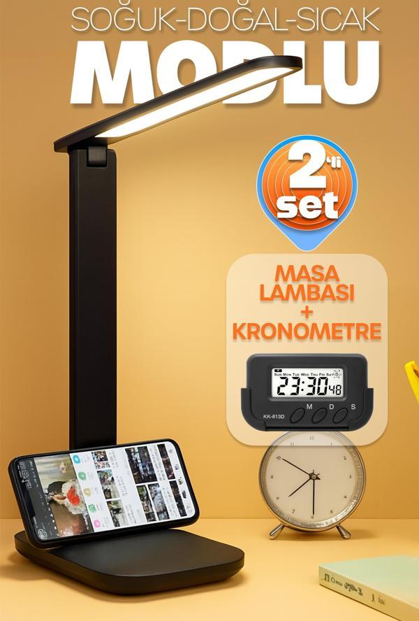 2li SET Şarjlı Masa Lambası + Kronometreli Öğrenci Saati MOD Ayarlı Ders Çalışma Okuma Lambası 7032S - Image 1