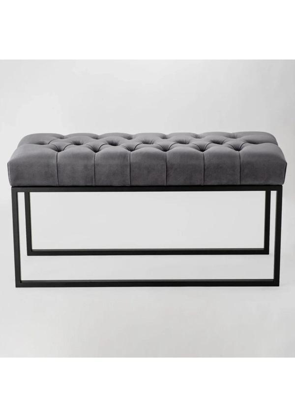 Lisa Modern Kapitoneli Gri Babyface Siyah Metal Ayaklı Puf Bench Yatak Ucu Chester Oturma Bankı - Image 1