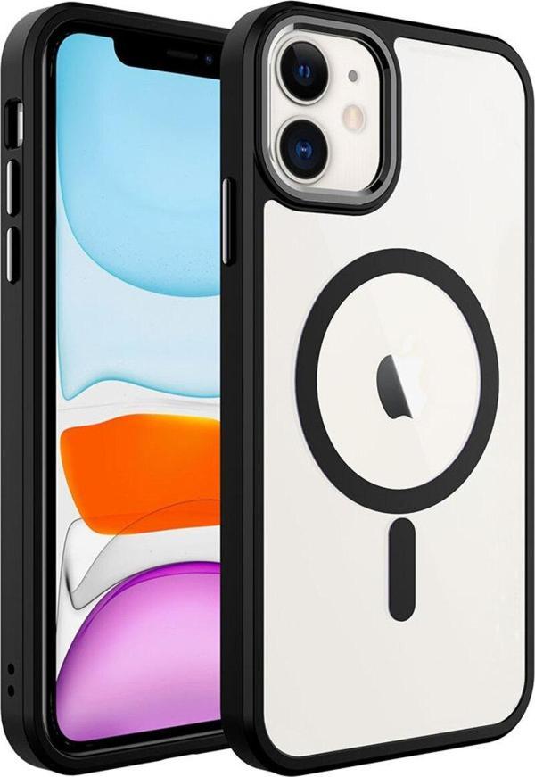 Zore İphone 11 Uyumlu Wireless Şarj Özellikli Krom Magsafe Silikon Kılıf-Siyah - Image 1