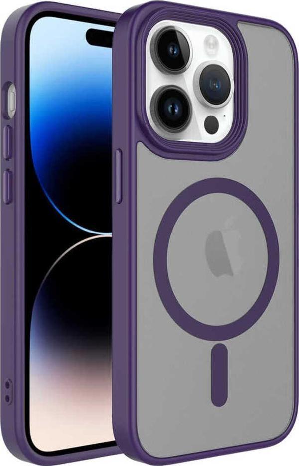 Zore İphone 14 Pro Uyumlu Mat Arka Yüzey Wireless Şarj Özellikli Flet Magsafe Kılıf-Derin Mor - Image 1