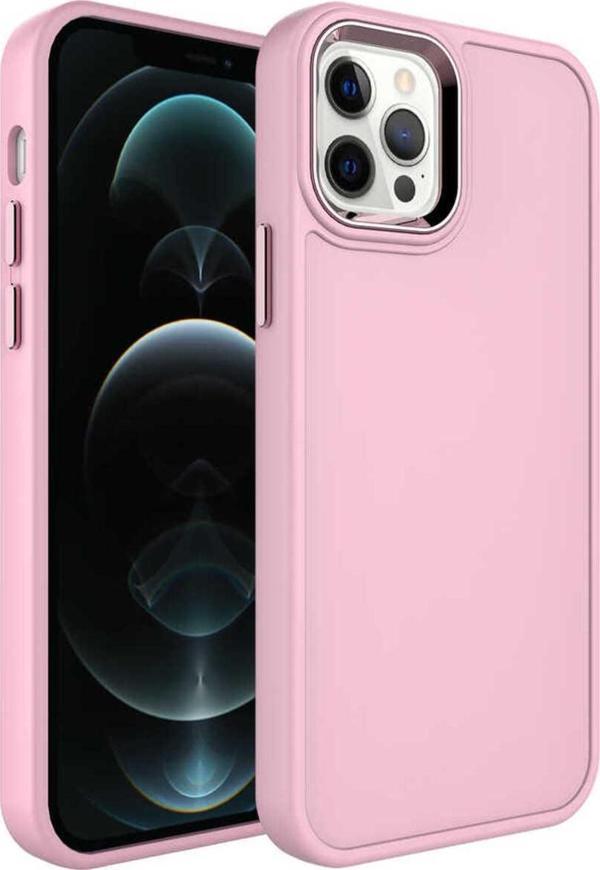 Zore İphone 14 Pro Uyumlu Metal Çerçeve Ve Buton Tasarımlı Sert Botox Kılıf-Pembe Açık - Image 1