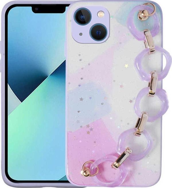 Zore İphone 13 Uyumlu Simli Desenli El Askılı Tutacaklı Elsa Silikon Kılıf-Lila - Image 1