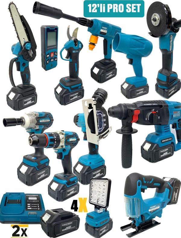 Germany Style DawreekTech 12'li Şarjlı Set Jet Üfleme-Matkap-Taşlama-Budama Makas-Testere-Yıkama-Dek - Image 1