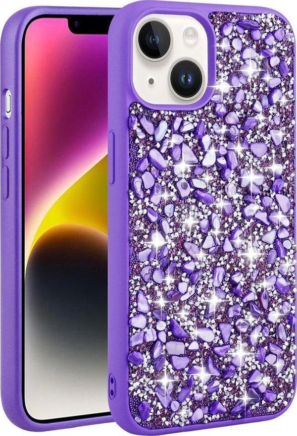 Zore İphone 14 Uyumlu Parlak Taşlı Tasarım Csm Linea Kılıf-Mor - Image 1