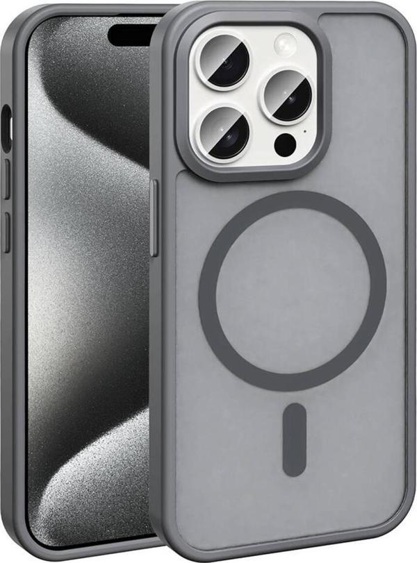 Zore İphone 15 Pro Max Kılıf Magsafe Şarj Özellikli Mat Arka Yüzey Zore Sio Kapak-Gri - Image 1