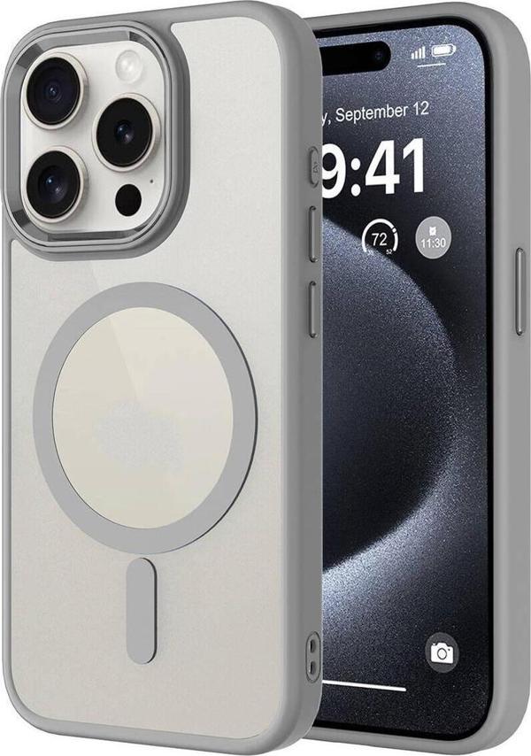 Zore İphone 15 Pro Uyumlu Wireless Şarj Özellikli Krom Magsafe Silikon Kılıf-Gri - Image 1